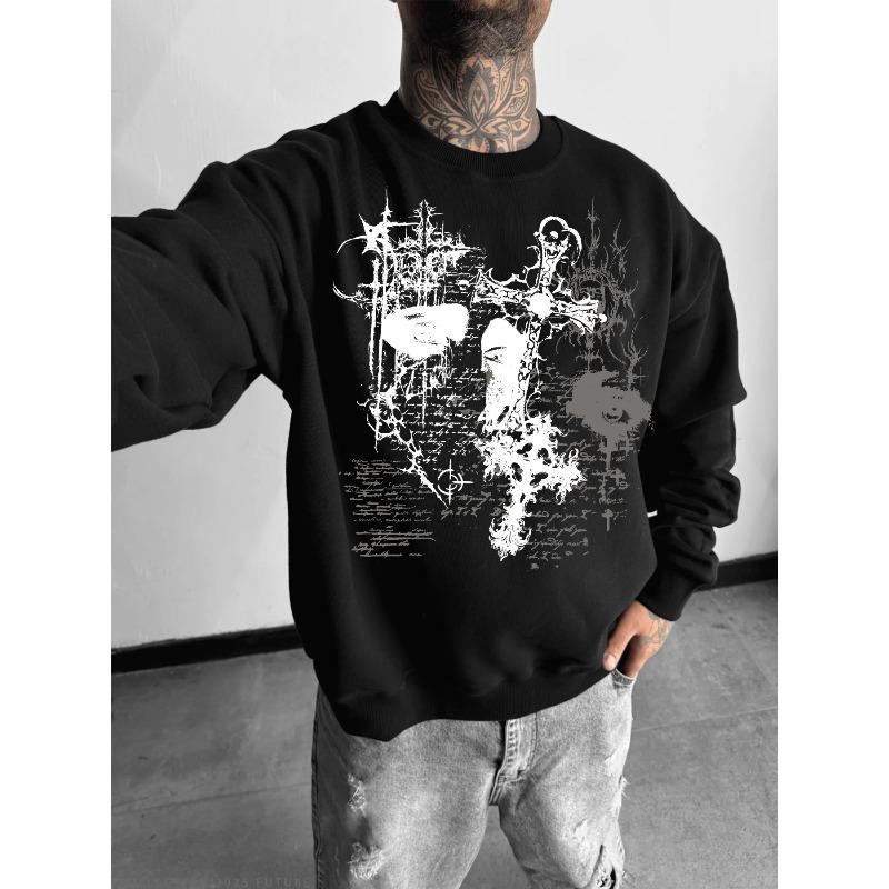 1pc Thorny Cross Dark Fashion Style Men'S Wide Round Neck Sweatshirt Top, Trendy Fashion Pullover Item, Smooth Fabric Soft Comfortable Breathable