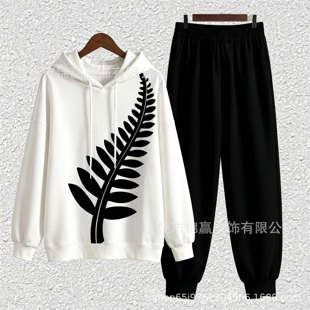 Spring/Autumn Soft Cotton Casual Set, Color-Blocking Floral Top, Solid Color Pants, Versatile Slimming Commuter Set