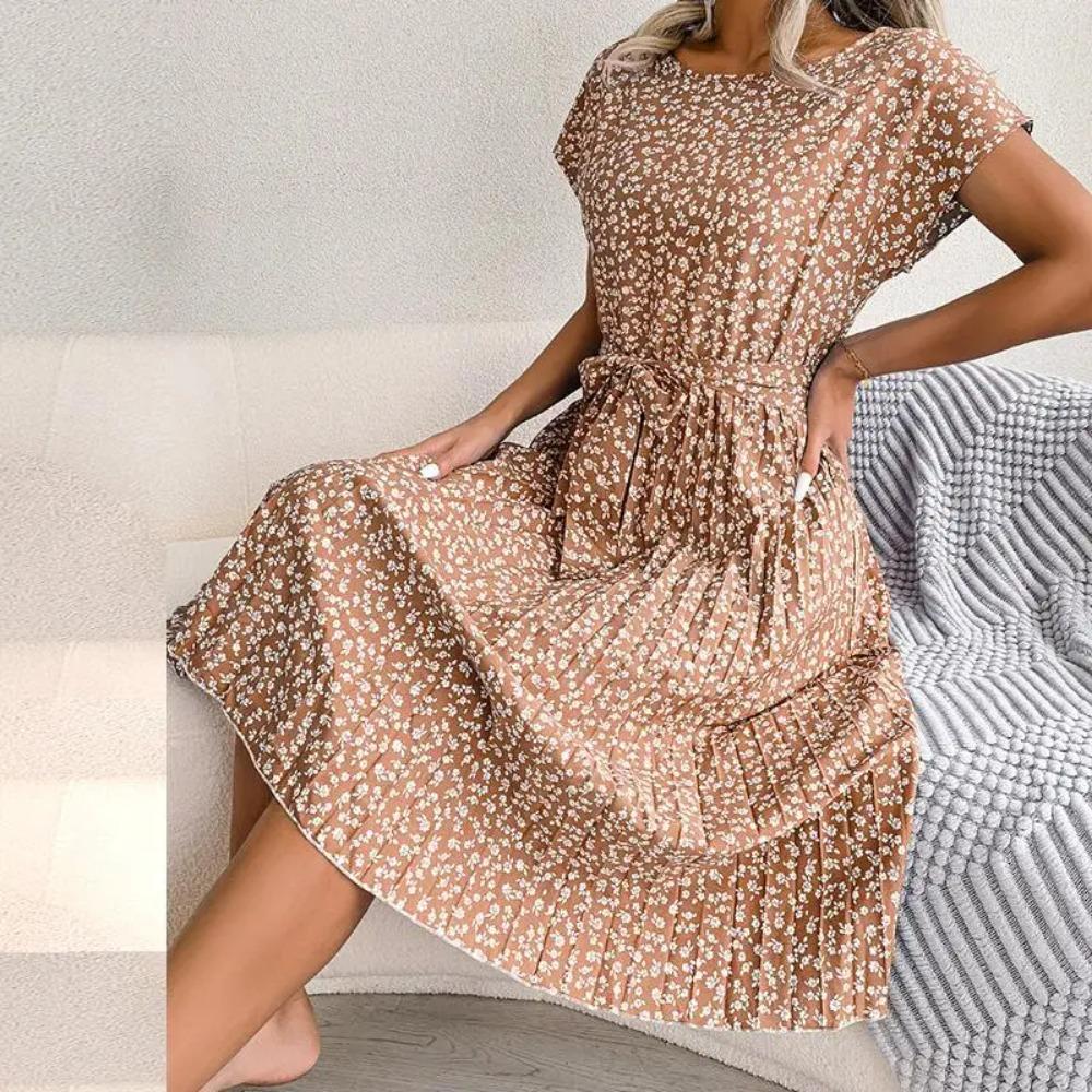 Abito donna primavera estate manica corta a vita alta chic moda floreale pieghettato abito lungo a linea