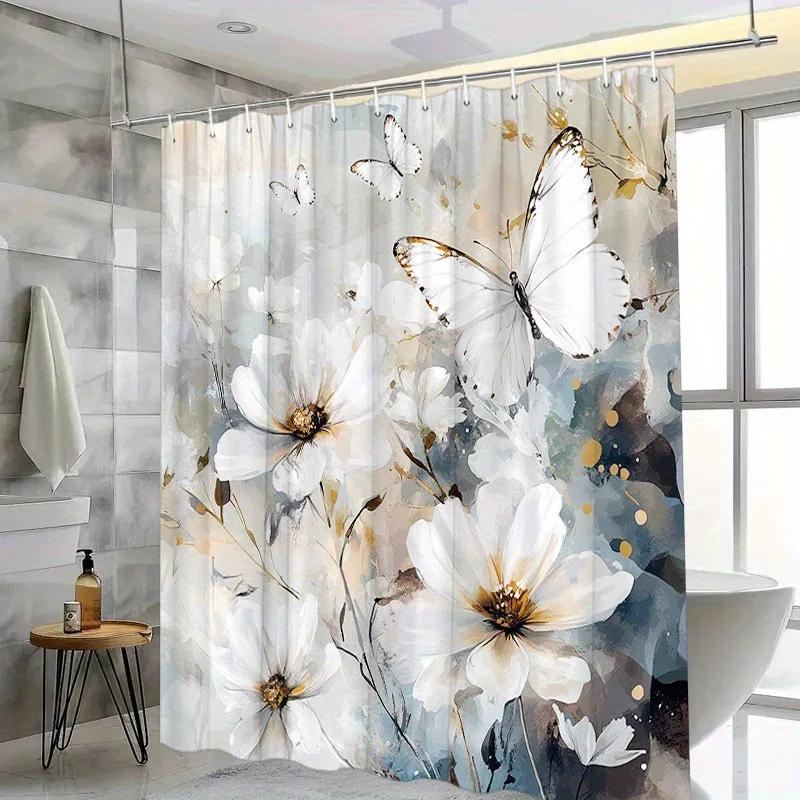 ~O~Floral Butterfly Shower Curtain - Watercolor White Flowers & Delicate Butterflies, Polyester, 70.8x70.8 Inches, Easy To Clean