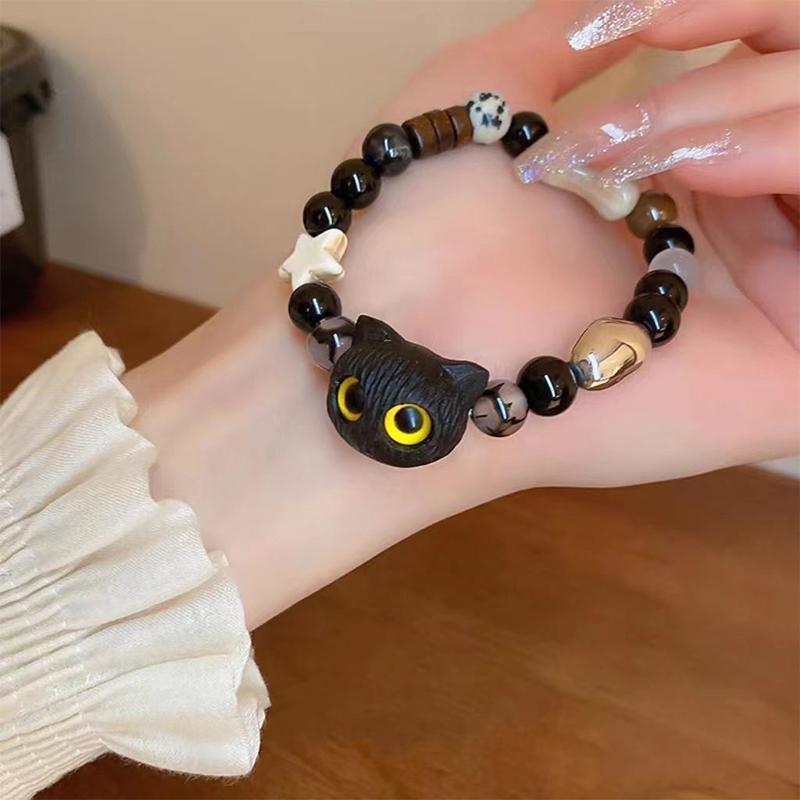 Cute Black Cat Beaded Bracelet For Women Men Black White Beads Cartoon Animal Couple Bracelet Trendy Jewelry Lovers Gift