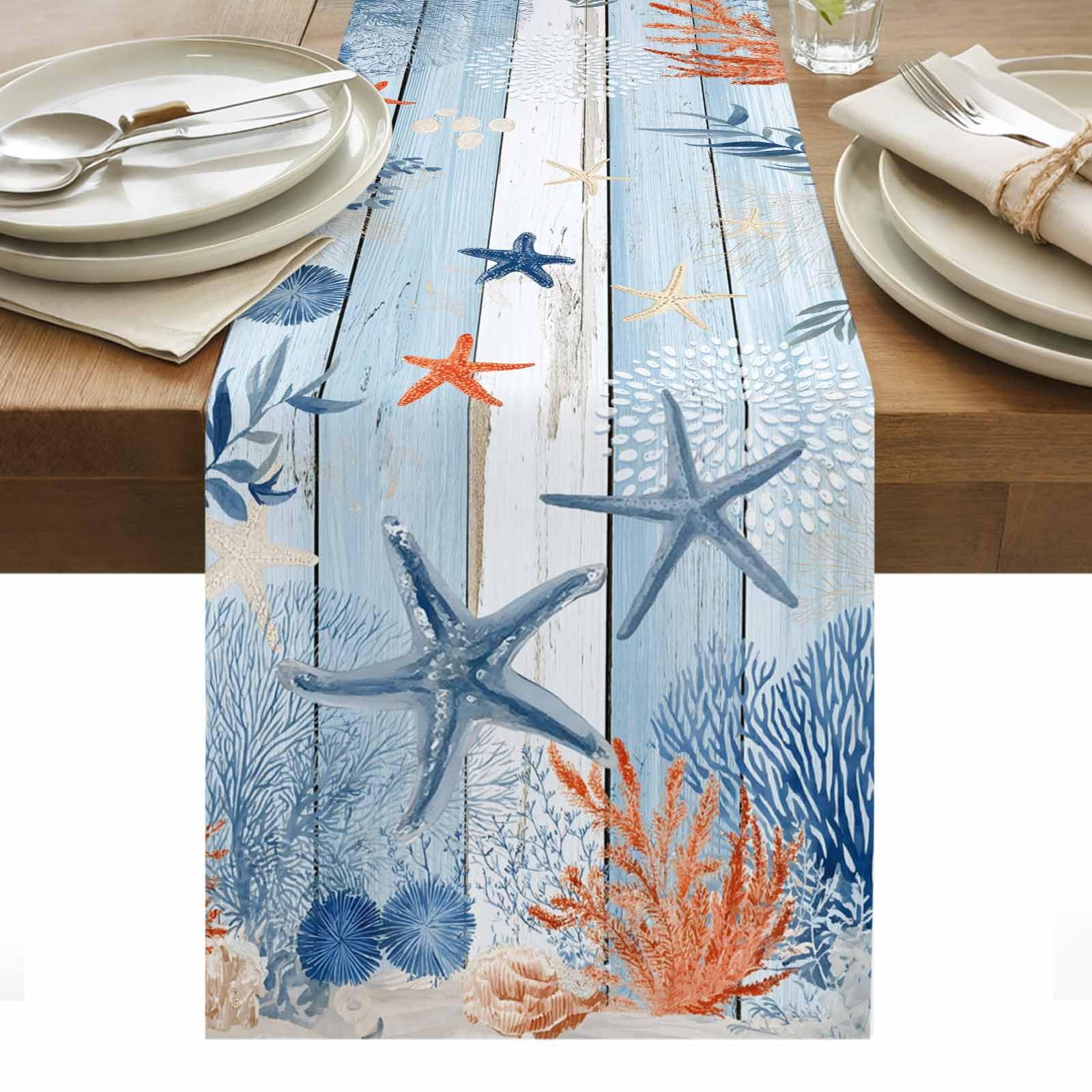 Zomer Zee Stervis Koraal Blauw Houtnerf Linnen Tafelkleed Feest Decoratie Oceaan Thema Keuken Eettafelkleed Huisdecoratie 150x33cm
