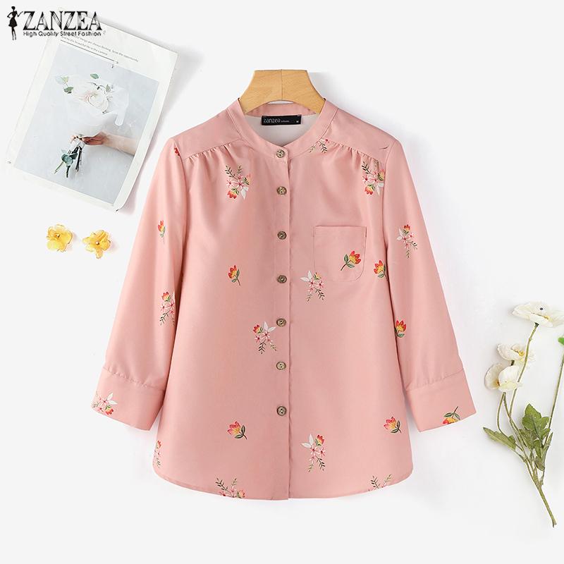 ZANZEA Γυναικεία Καθημερινή Μπλούζα με Στρογγυλή Λαιμόκοψη, Μανίκια 3/4, Φαρδιά Γραμμή και Φλοράλ Μοτίβο