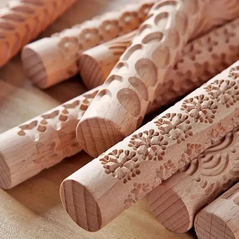 Relief Wood Texture Rolling Stick Pottery Clay Tools Rod Relief Flower Pattern Embossed Rod Mud Roll DIY Ceramic Clay Modeling
