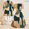 Women Plus Size Two Piece Set Abstract Printed Square Neck Tie Waist Flared Dress 3 4 Sleeve Cardigan