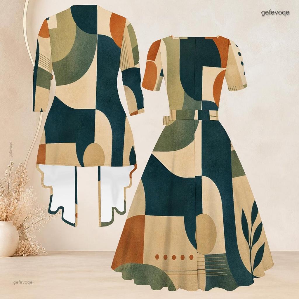 Women Plus Size Two Piece Set Abstract Printed Square Neck Tie Waist Flared Dress 3 4 Sleeve Cardigan
