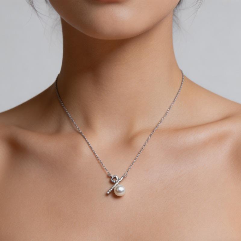 S925 Sterling Silver Pearl Pendant Necklace with Percentage Symbol - Fashionable Clavicle Chain 925 Silver