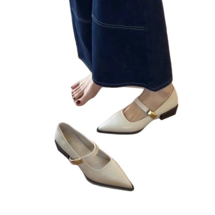 Soft Leather Version~ One-pedal Pointed Thick Heel Mary Jane Shoes Light Mouth One Word with French Commuter Light Mouth Temperament Single Shoes