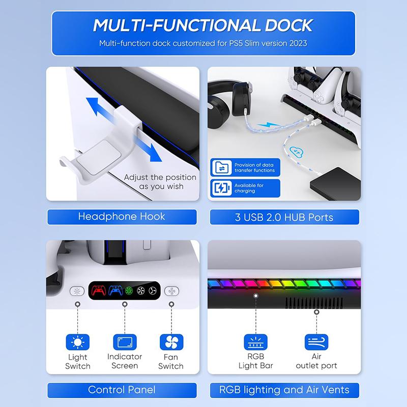 Charging Stand for NEW PS5 Slim Cooling Fan Station for DualSense/Edge Controller with RGB Light Headset Hook 3 USB Hubs