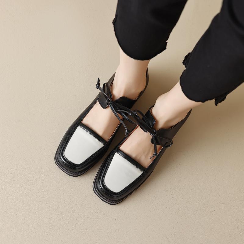 Fashion Women's New Spring and Autumn Round Head Strap Buckle Middle Heel Large Retro Color blocked Oxford Single Shoe