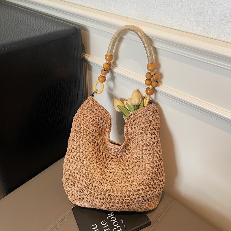 

Повседневная большая плетеная сумка из хлопковой нити, женская новая полая ручной работы, на плечо, пляжная, универсальная женская сумка хаки