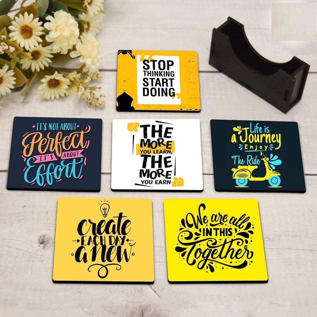 Tea Coasters Set of 6, Beautiful Design with Stand for Tea Cups, Coffee Mugs, and Glasses, Ideal for Diwali Gifting (Inspirational Quotes)
