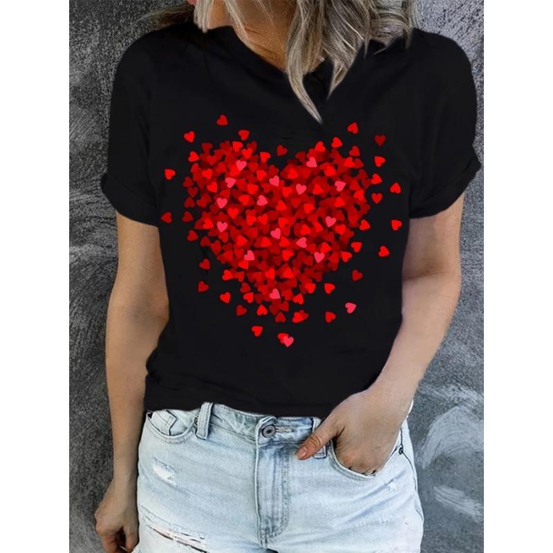 Summer and Autumn  Casual Woman T-Shirts Red Heart Graphic Prints Short Sleeve Comfortable Soft O-Neck Tops Fashion Street Female Clothes
