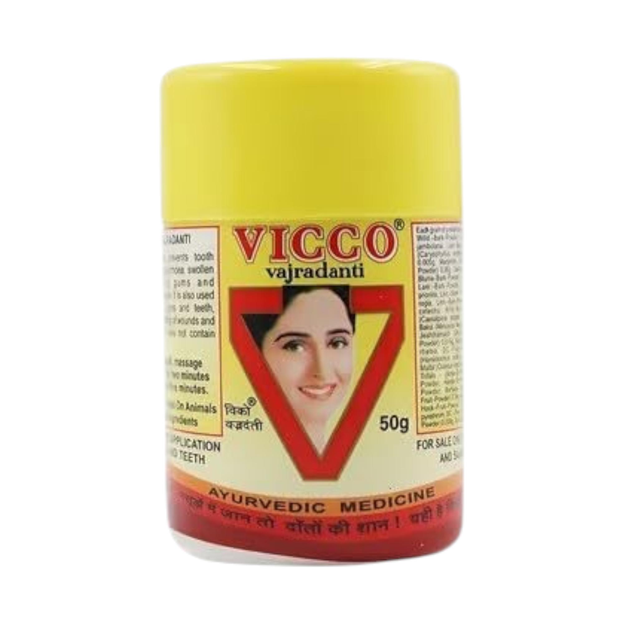 

Vicco Vajradanti Защита десен Зубной порошок 50 г Упаковка 1 шт. – Травяной Аюрведический Уход за полостью рта для крепких зубов и десен