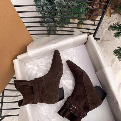Botines de Cuero Plisado Francés sin Cordones con Tacón Grueso Otoño/Invierno 2025: Botas de Moda Elegantes y Cómodas para Mujer