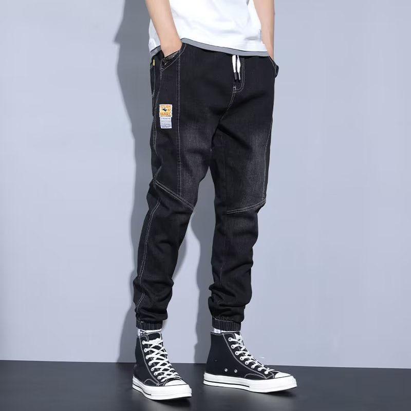 Spring Denim Spring and Fall Tide Workwear Loose Men Drawstring Foot Harlan Splicing Casual Long Pants Plus Size