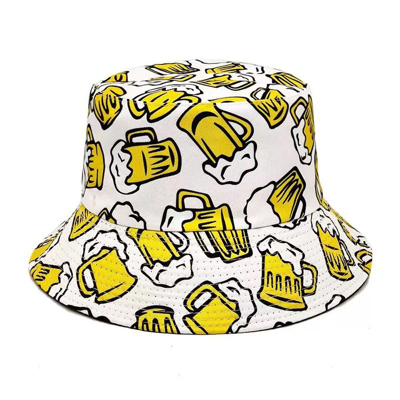 Beer Printed Fisherman Hat Reversible and Versatile Basin Hat for European and American Men Outdoor Beach Sun Hats