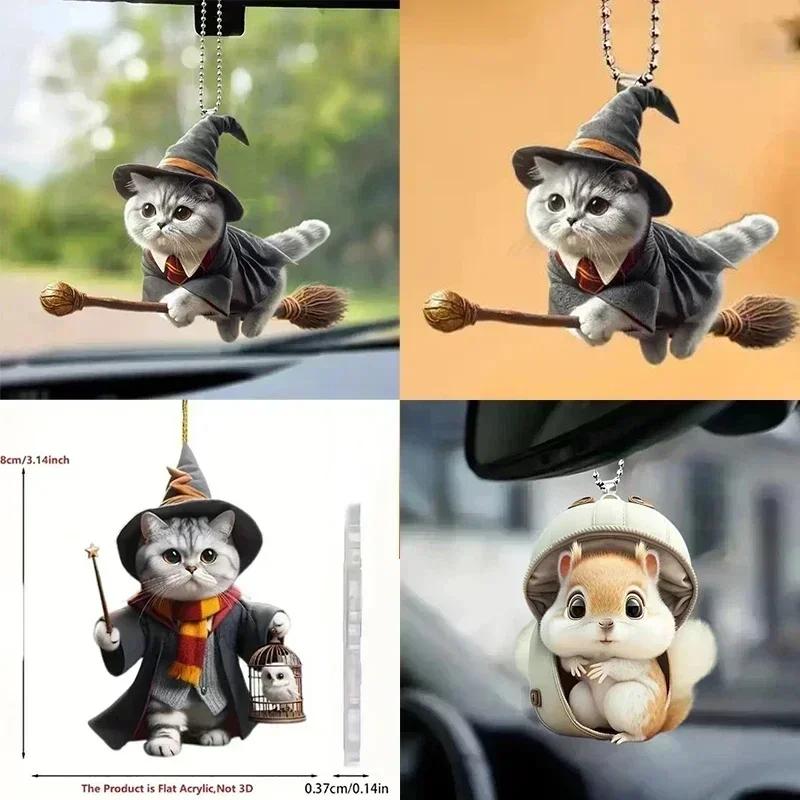 Cute 2D flat Cat-Shaped RearView Mirror Pendant Auto Interior Car Realistic Animal Hanging Ornament Car Interior Decoration
