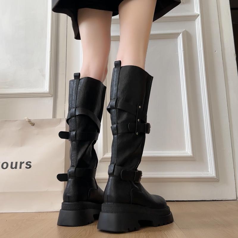 Fashion Versatile Retro Belt Buckle Locomotive Boots Long Boots 2025 Autumn and Winter New Small Thick-soled Knight Boots Women