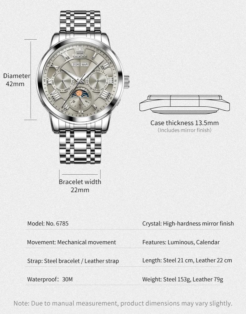OLEVS 6785 Luxury Man Watch 24 Hour Moon Phase Perpetual Calendar Roman Dial New Automatic Mechanical Wrist Watches For Men