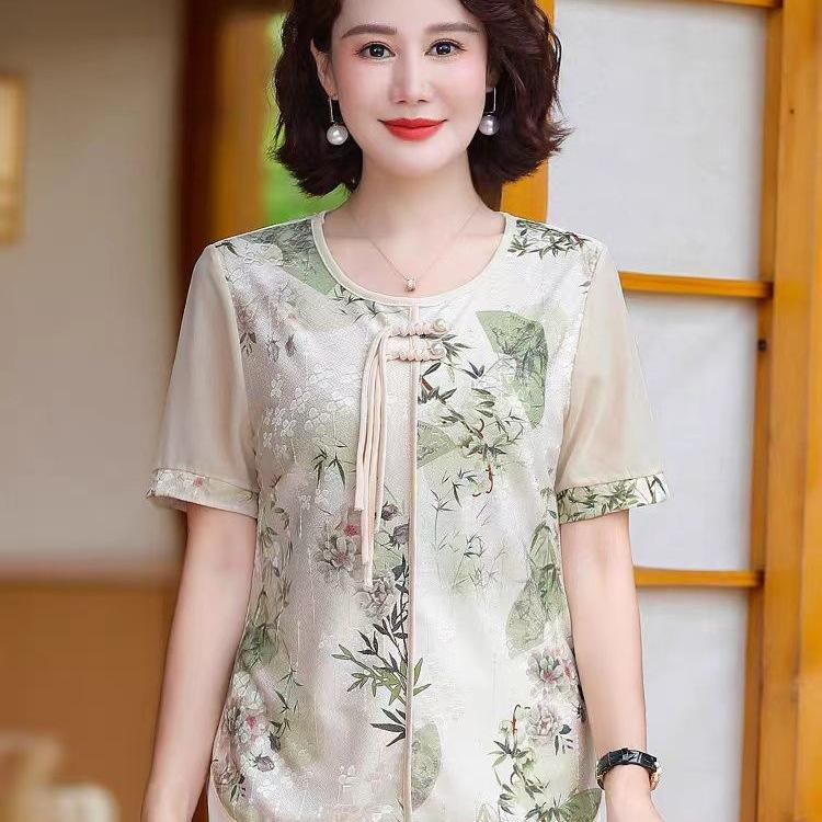 Women's Round Neck Short Sleeve Blouse Loose Fit Chinese Style Floral Printed Tunic