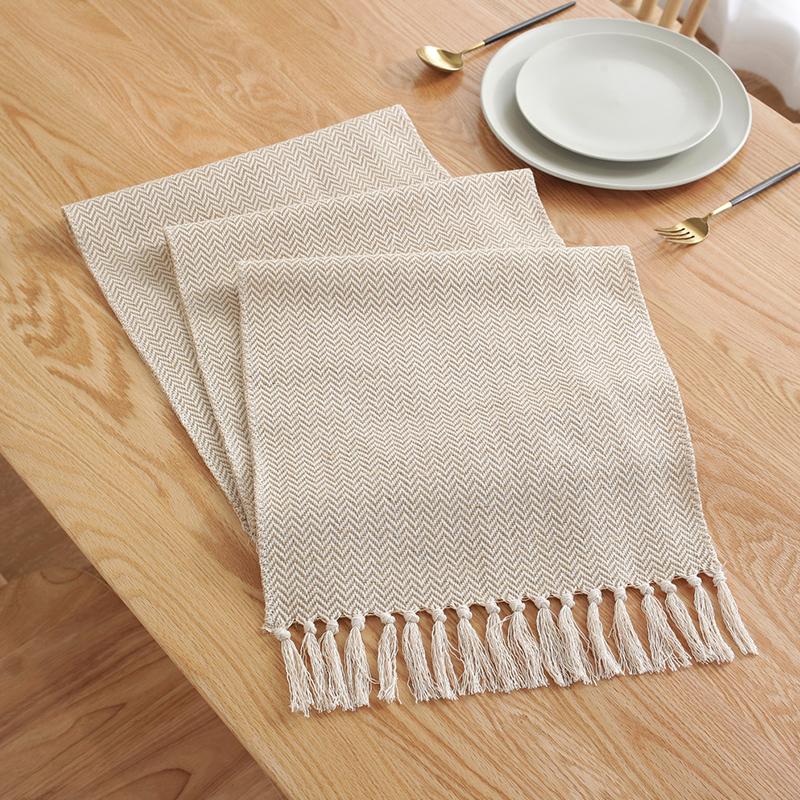 Simple Table Runner Solid Color Handmade Tassled Cotton Linen Table Runner Household Tea Table Flag