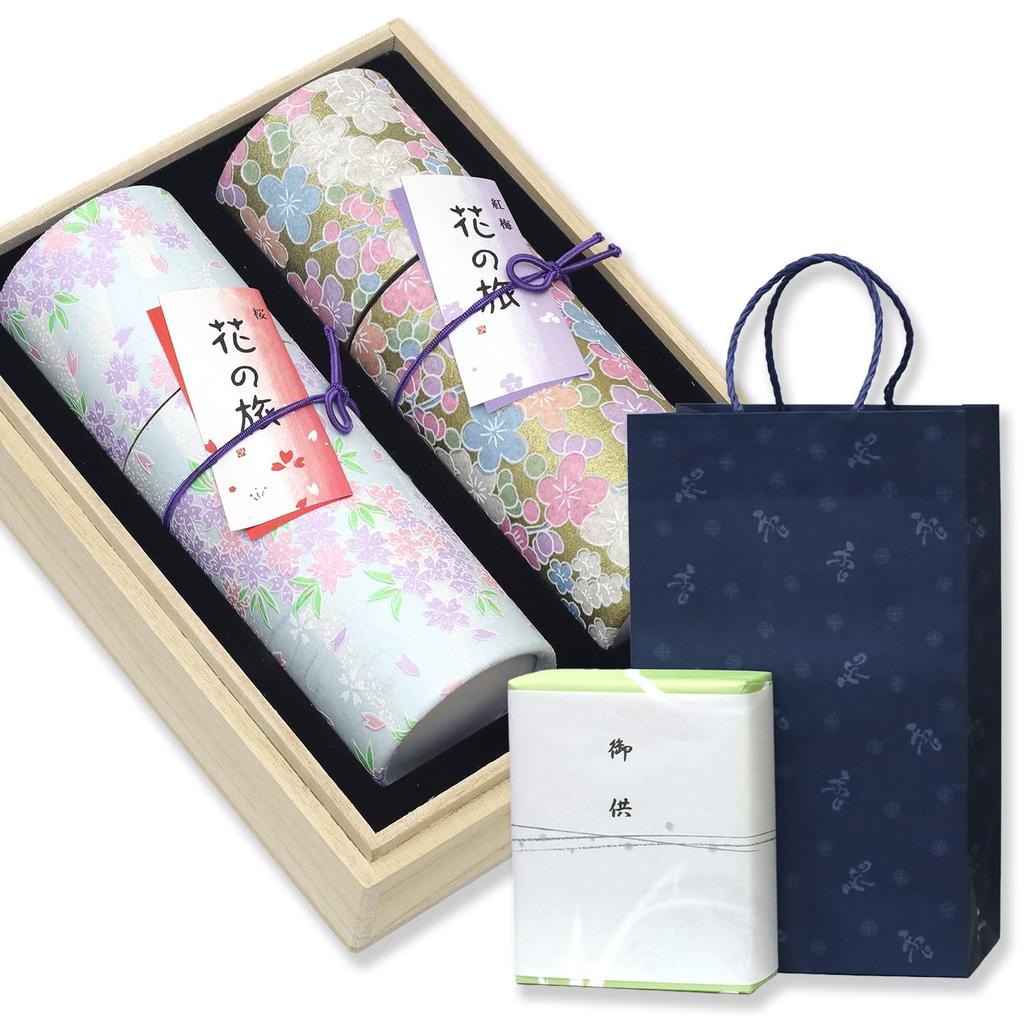 Sympathy Incense Gift Set in Paulownia Wood Box [Hanakurabe (Compare) Two Types) Sandalwood with Outer Wrapping and Carry Bag Included] Made in