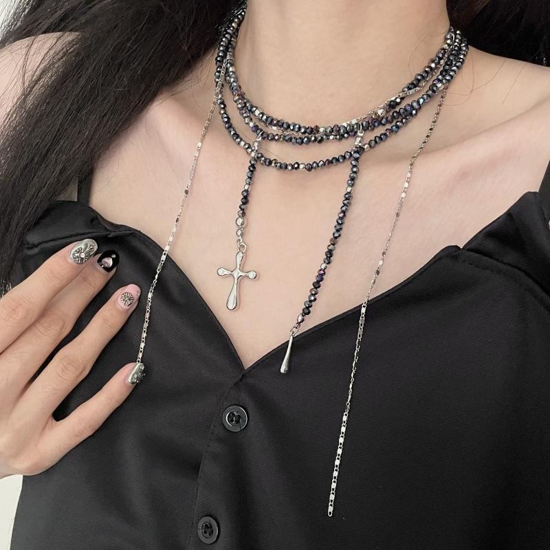 Glass beaded fringed cross multi-layer necklace stacked with high-end exaggerated collarbone chain personalized niche items