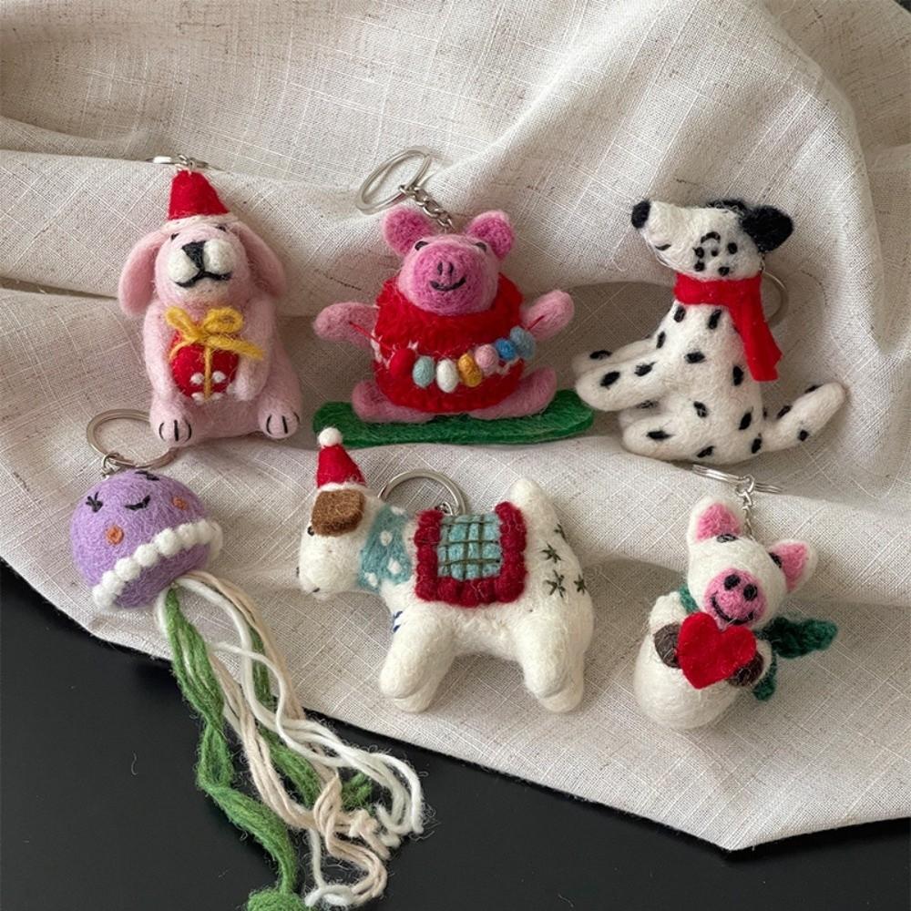 Mushroom Umbrella Wool Felt Animal Pendant Mountain Climbing Bear Fairy Tale Style Keychain  Couple