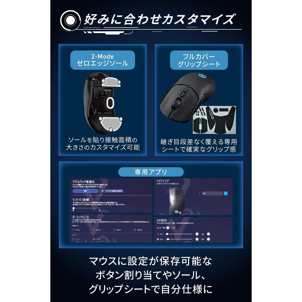 ELECOM Wireless/Wired Gaming Mouse, 8-Button, Rechargeable, DPI26000, Lightweight 75g, 650IPS, 50G Sensor, Grip Sheet, Black, V Custom VM600PE