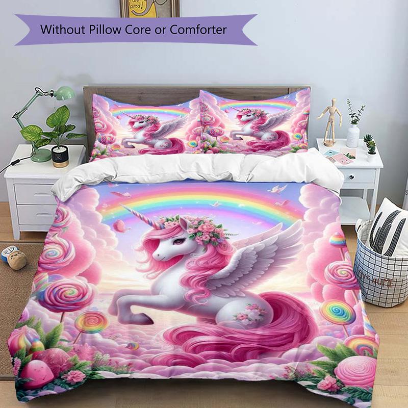Rainbow Unicorn Fantasy Print 3Pcs Bedding Setduvet Cover With 2 Bedropillowcase Home Birthday Gift