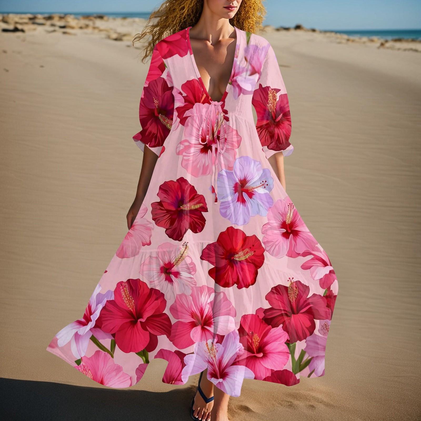 

Женское летнее модное платье с V-образным вырезом, ретро цветочным принтом, короткими рукавами, пляжное платье с кружевной отделкой XL красный