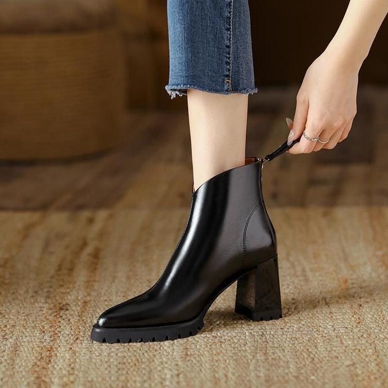 Fashion FHC 2024 Retro Style Women Short Boots,Thick Bottom Booties,High Heeled Ankle Botas,Pointed Toe,Back Zip,Black,Brown,Dropship