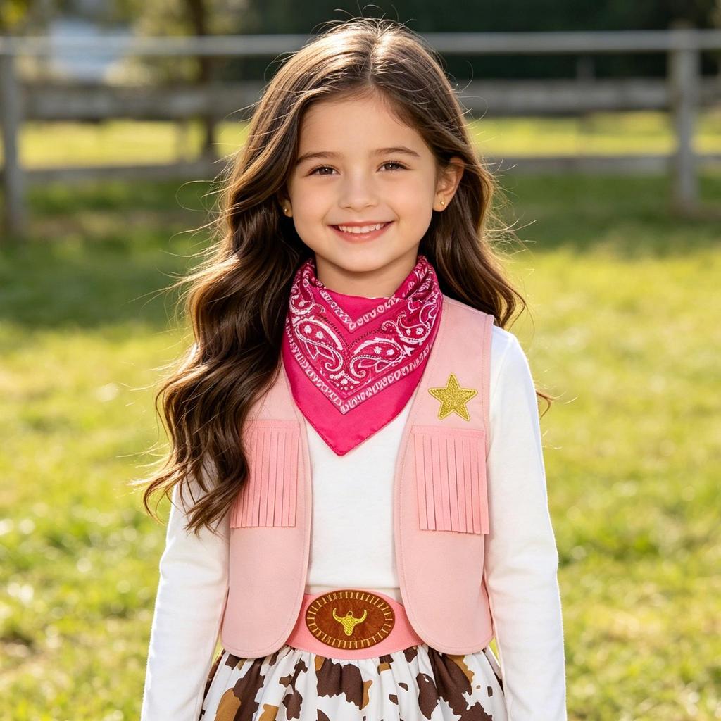 Girls' Western Cowboy Vest Costume with Tassel and Scarf for Festival or Role-Playing Events