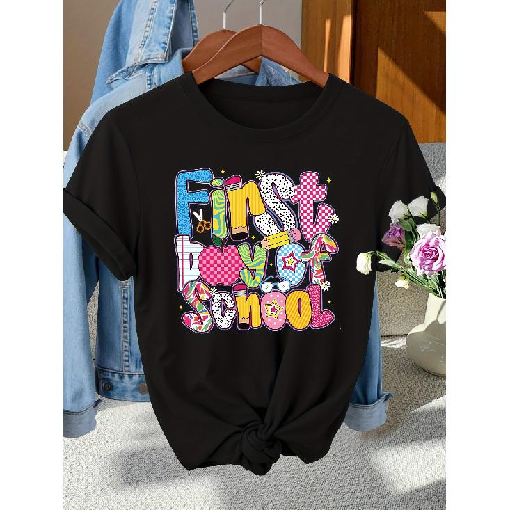 Back-to-School Season Fashionable and elegant with a variety of colors First Day of School Patterned Print Round Neck Short Sleeve T Women's
