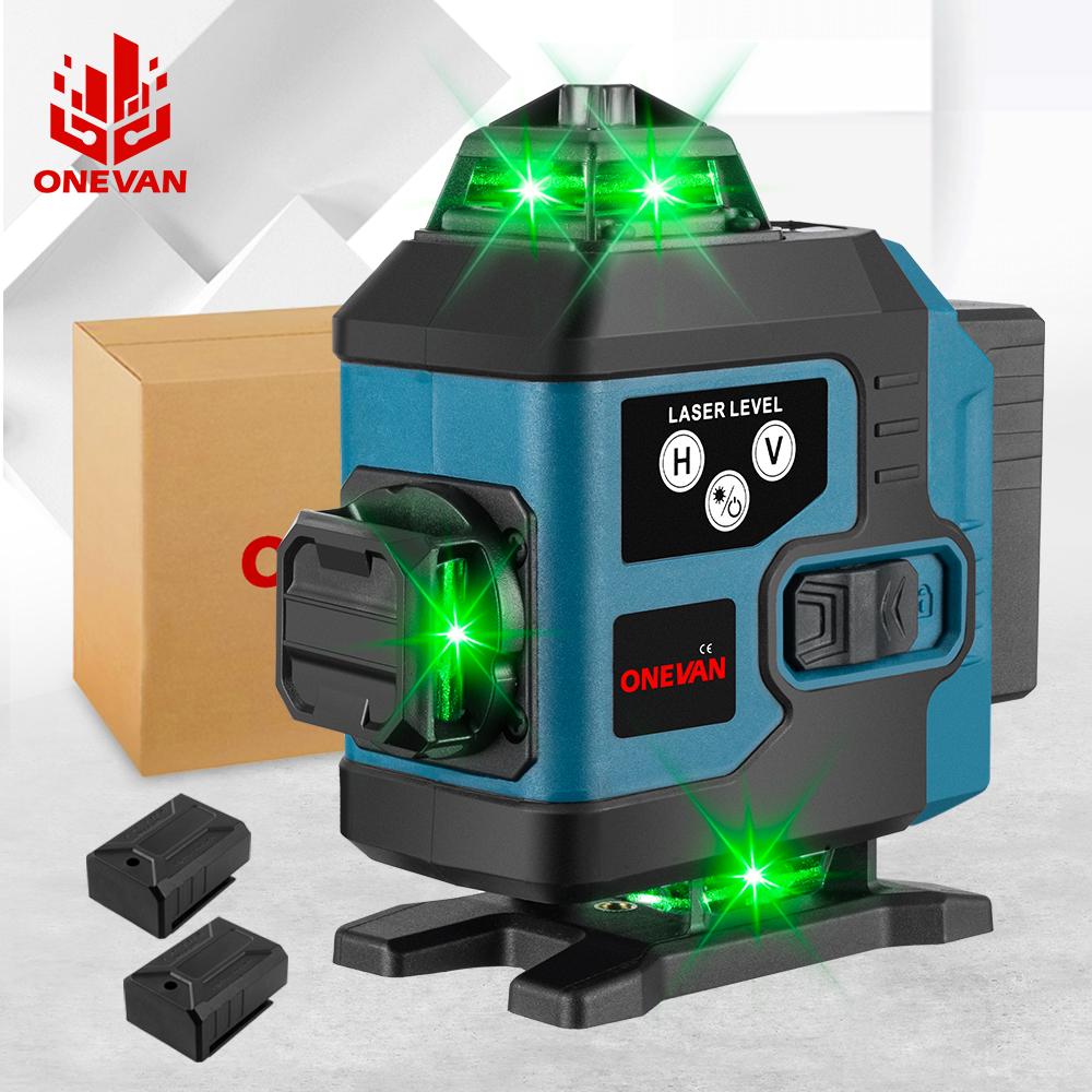 ONEVAN 16řádkový 4D laserový vodováha Samonivelační 360 horizontální a vertikální křížový Super výkonný zelený laserový vodováha se 2 bateriemi
