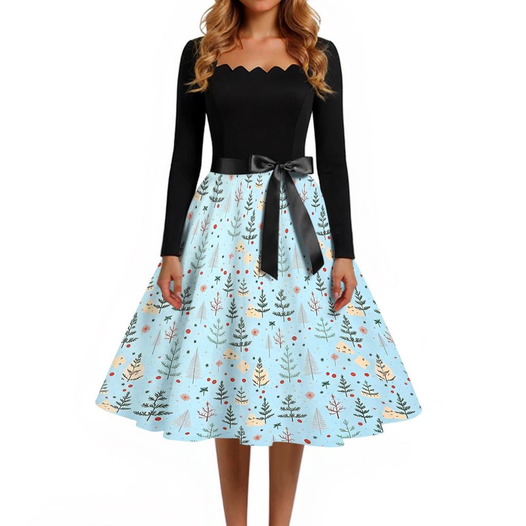 Women's Casual Christmas Print Square Neck Vintage Dress for Holiday Party and Everyday Wear