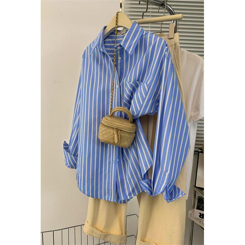 

French Lazy Style Stripes Shirt Women s Spring and Autumn Fancy Casual Loose Shirt Work Clothing Niche Top Long Sleeves Stripes S