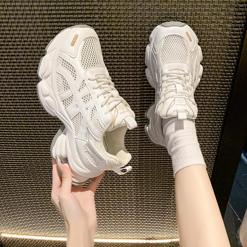 Korean Version of Versatile Platform Dad Shoes 2025 New Soft Leather Single Net Breathable Women's Inner Height-increasing Sports and Leisure Shoes