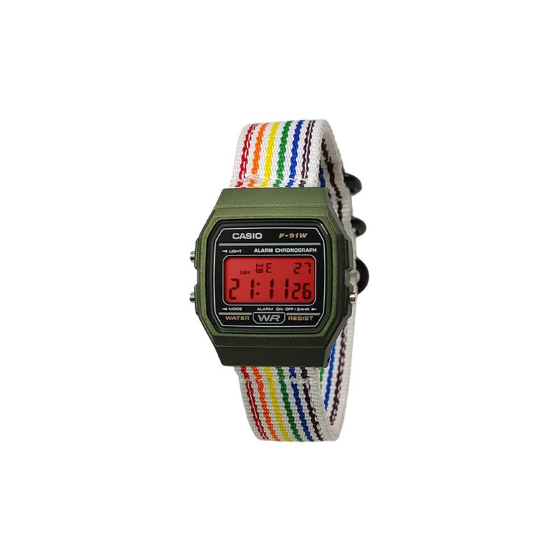 CASIO Customized watch modified series, various colored mirrors, silver resin case, classic retro small square F-91WS-BaiCaiSeBiaoDaiHongSeBiaoJing
