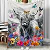 1pc Highland Cow with Butterflies Flowers Mountain Background Flannel Blanket Artistic Nature Print Soft Warm Throw Decor