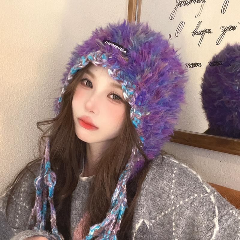 Rainbow Tassel Wool Hat for Women Warm Ethnic Style Ear Protection Hat Winter Outdoor Face Showing Small Sweet Knitted Hat Trend