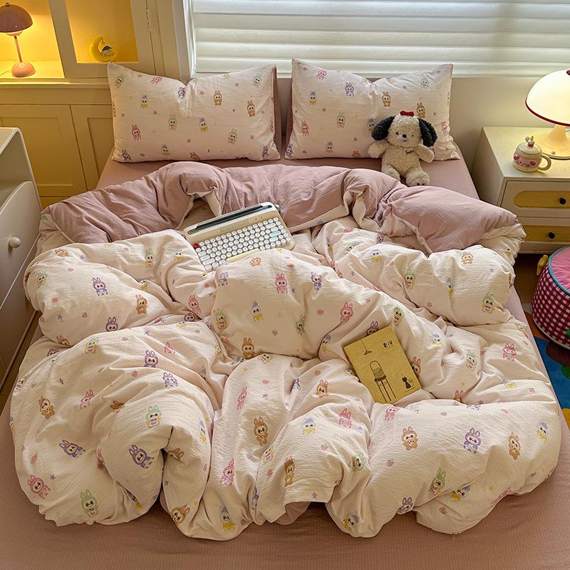 Double-Layer Gauze Cotton Printed Bedding Set - 3 or 4-Piece Options