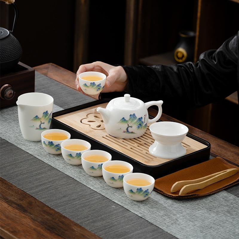 Light luxury suet jade white porcelain tea set household living room office Chinese high-end kung fu tea set