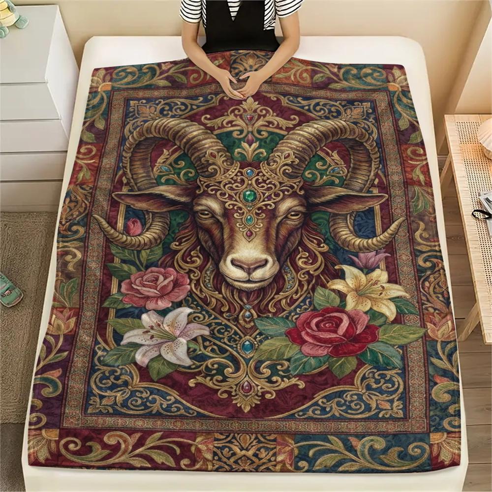 1Pc Goat Demon Print Flannel Blanket, High Quality Comfortable for All Seasons, Home Decor, Warmth and Comfort, Perfect for Christmas Gifts W141
