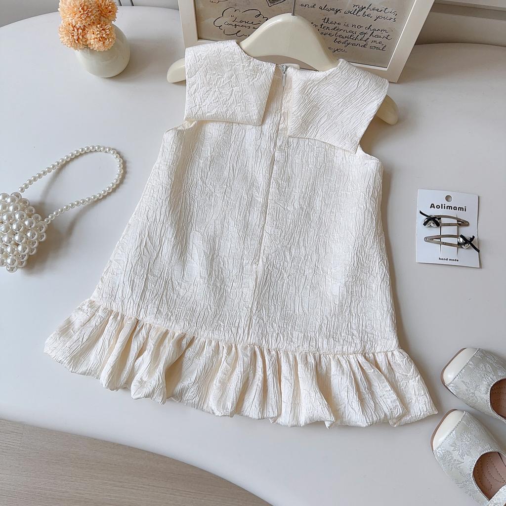 Summer Girls White Jacquard Sleeveless Dress With Large Collar And Irregular Ruffles Princess