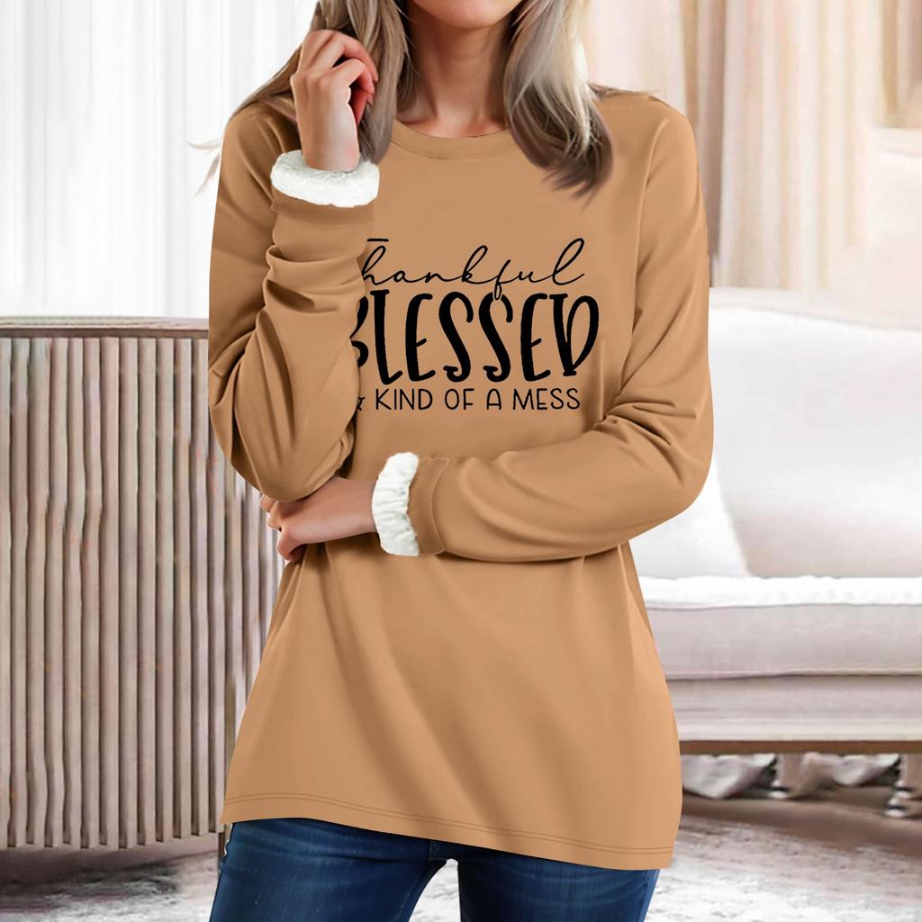 Kadın Yuvarlak Yaka Üst Harf Baskılı Kalınlaştırılmış Peluş Kaşmir Sıcak Uzun Üst