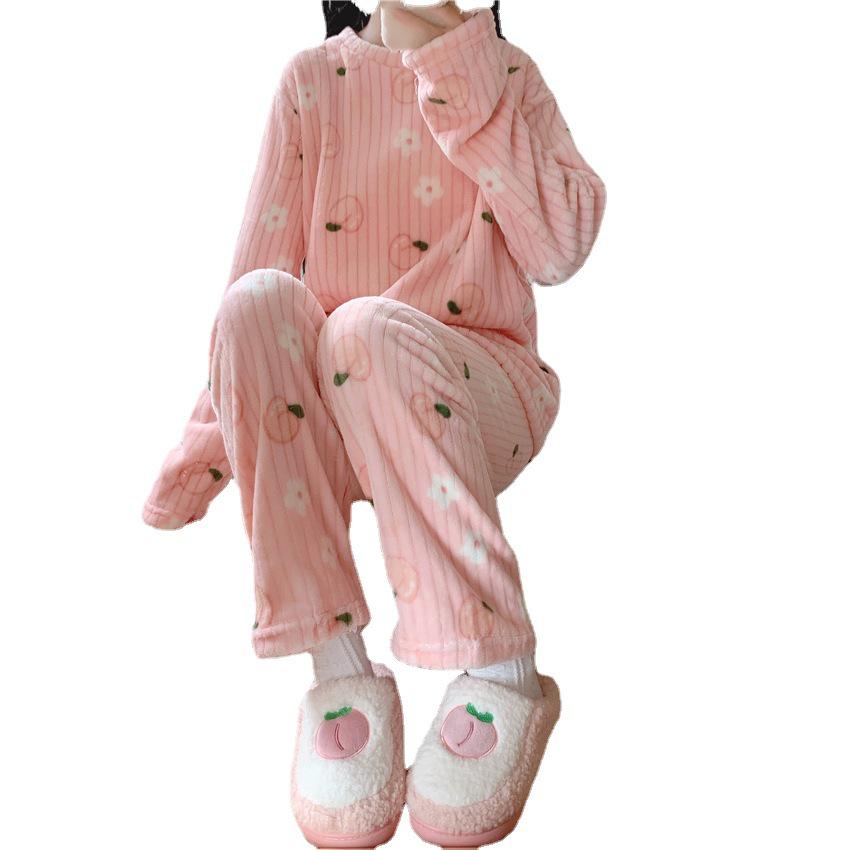 2023 Peach Bear Coral Fleece Pajama Set - Cozy Autumn/Winter Two-Piece