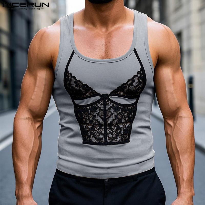 

INCERUN Summer Men U Neck Sleeveless Print Casual Fitted Tank Tops 3XL синій