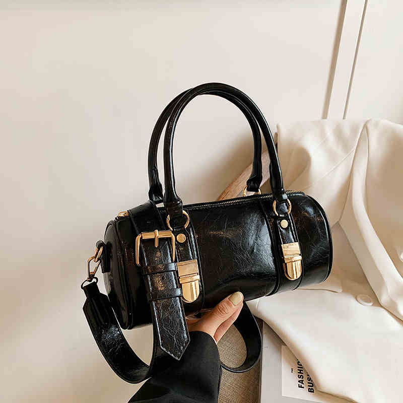 Borse a Mano Vintage in Pelle Oleata a Forma di Barile da Donna Borse a Spalla con Cerniera Texturizzate di Alta Gamma Borsa a Tracolla da Pendolare da Donna